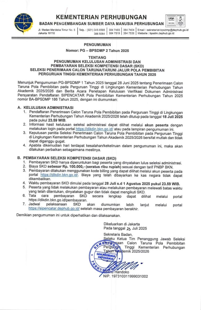 pengumuman-kelulusan-administrasi-dan-pembayaran-seleksi-kompetensi-dasar-skd-seleksi-penerimaan-calon-tarunataruni-jalur-pola-pembibitan-perguruan-tinggi-kementerian-perhubungan-tahun-2025